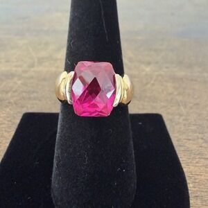VTG Estate Sterling Silver 925 Ring Cushion Cut Synthetic Ruby Gold Toned Sz 8